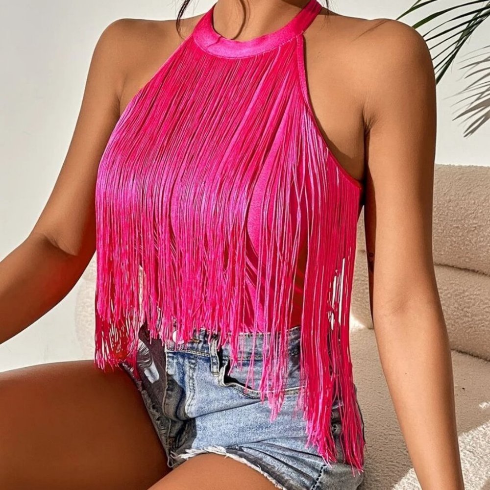 Fringe Halter Cami top Hot Pink - Picture 2 of 6